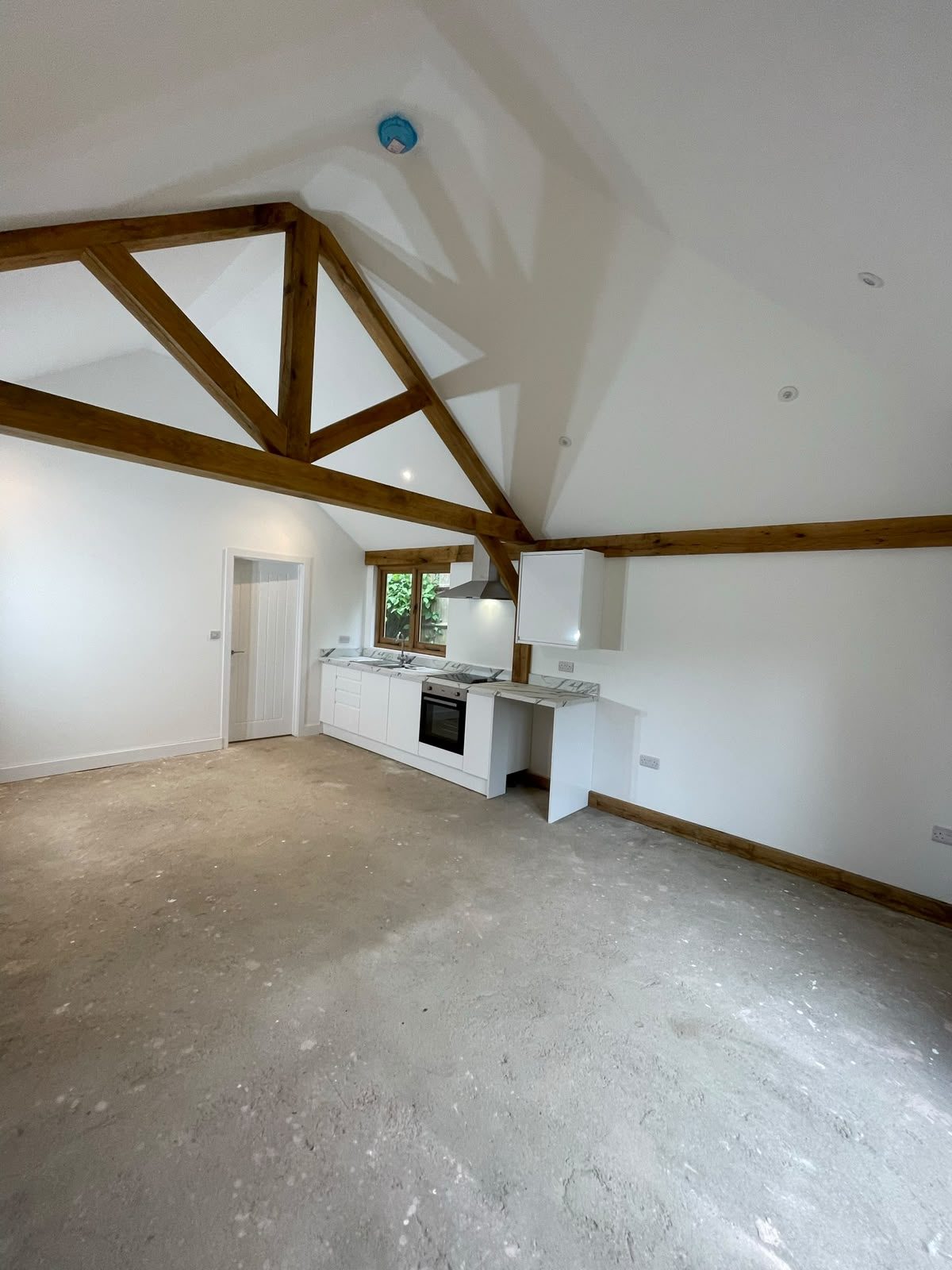 open-plan annex with kitchen and oak trusses