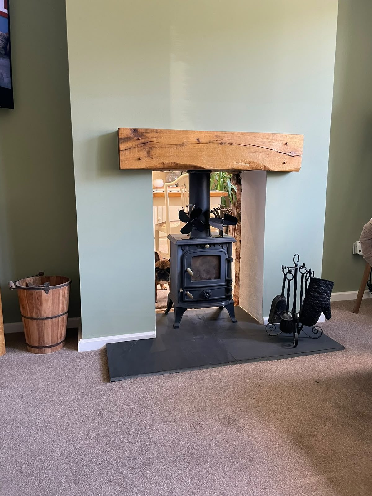 wood burner and oak mantel installation