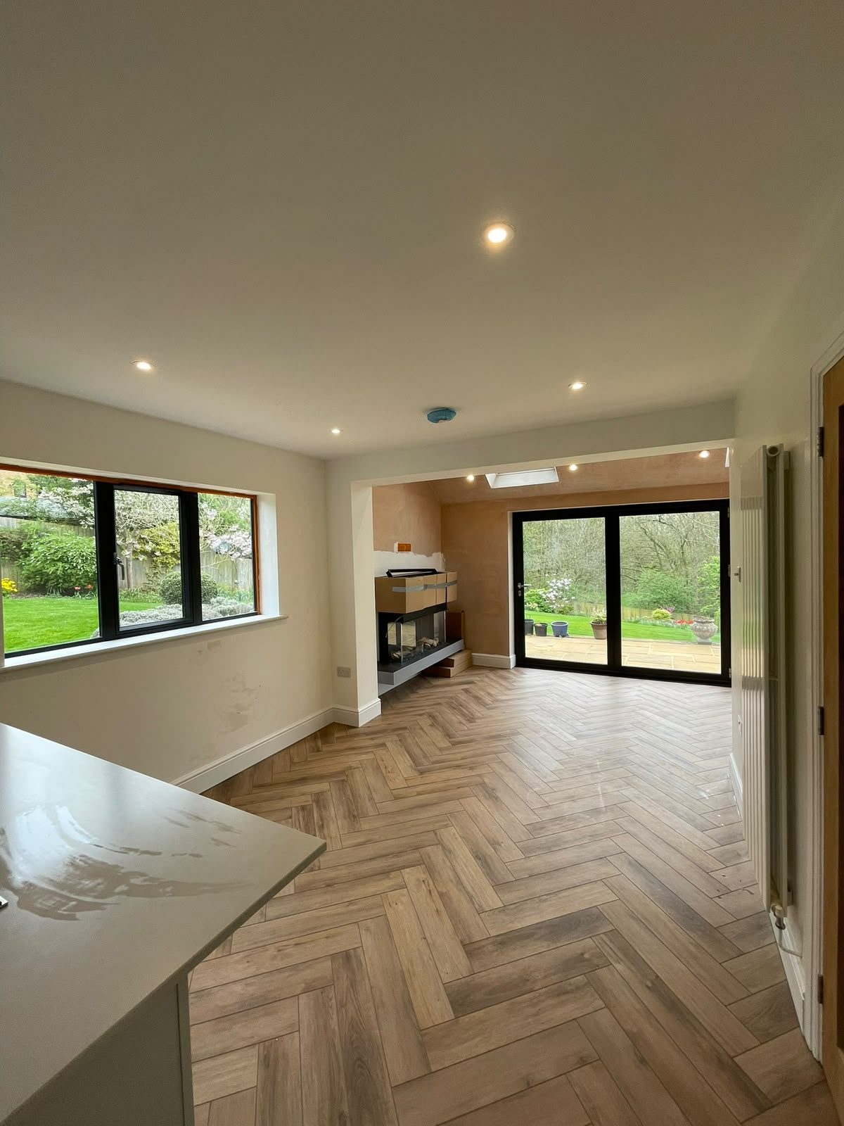 open-plan extension with herringbone floor